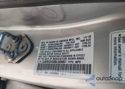 2011 Honda Cr-V Lx z USA, uszkodzony, nr VIN 5J6RE3H39BL009901